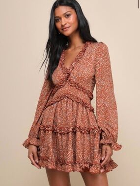 Lulu's Rust Floral Ruffle Tiered Long Sleeve Mini Dress